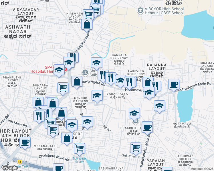 map of restaurants, bars, coffee shops, grocery stores, and more near 38 Horamavu Agara Road in Bengaluru