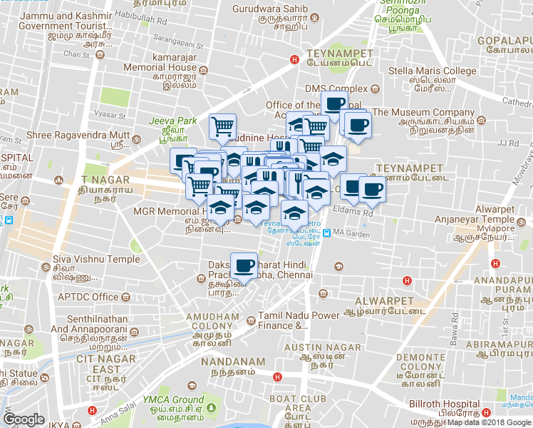 map of restaurants, bars, coffee shops, grocery stores, and more near Chevalier Shivaji Ganesan Street in Chennai