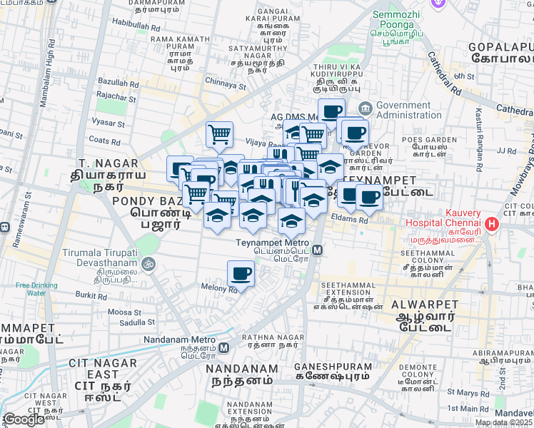 map of restaurants, bars, coffee shops, grocery stores, and more near Chevalier Shivaji Ganesan Street in Chennai