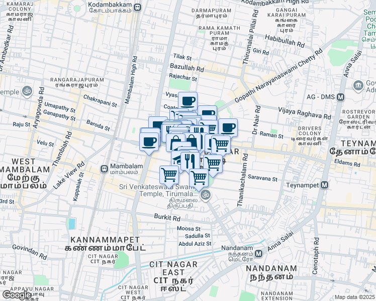 map of restaurants, bars, coffee shops, grocery stores, and more near Nana Street in Chennai