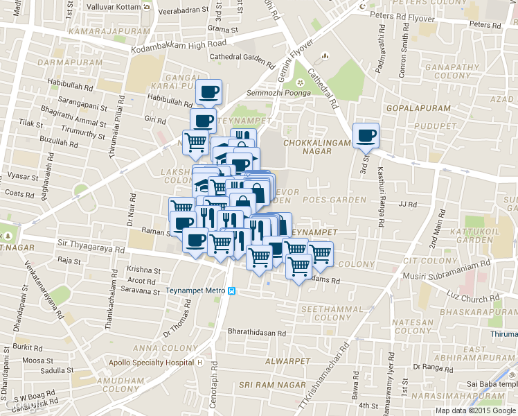 map of restaurants, bars, coffee shops, grocery stores, and more near 365 Anna Salai in Chennai