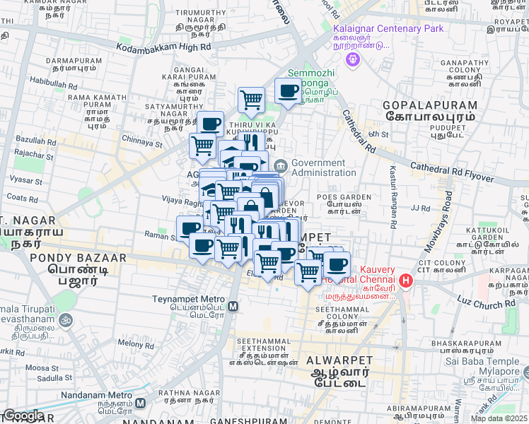 map of restaurants, bars, coffee shops, grocery stores, and more near 365 Anna Salai in Chennai