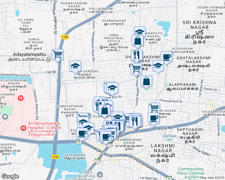 map of restaurants, bars, coffee shops, grocery stores, and more near Sundaresan Nagar in Chennai