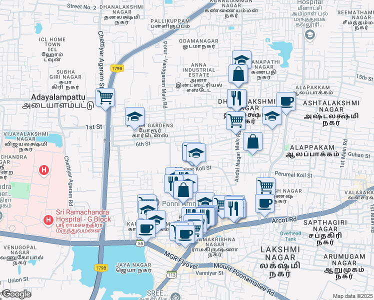 map of restaurants, bars, coffee shops, grocery stores, and more near Sundaresan Nagar in Chennai