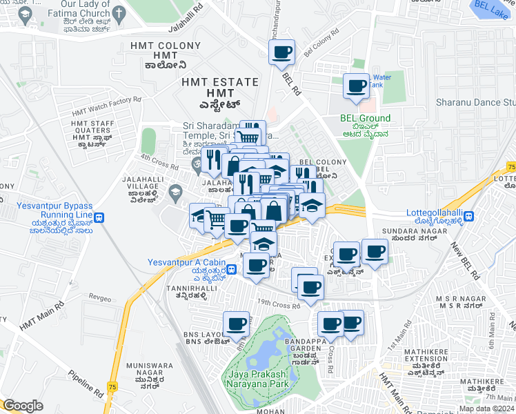 map of restaurants, bars, coffee shops, grocery stores, and more near 529 6th Cross Road in Bengaluru