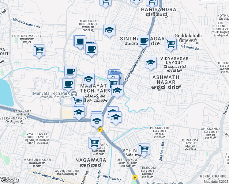 map of restaurants, bars, coffee shops, grocery stores, and more near 100 Thanisandra Main Road in Bengaluru