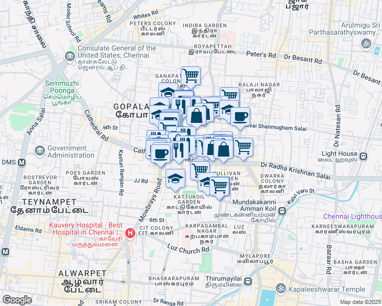 map of restaurants, bars, coffee shops, grocery stores, and more near 72-75 Doctor Radha Krishnan Salai in Chennai