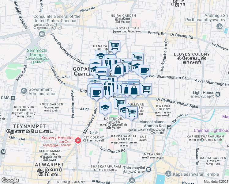 map of restaurants, bars, coffee shops, grocery stores, and more near 72-75 Doctor Radha Krishnan Salai in Chennai