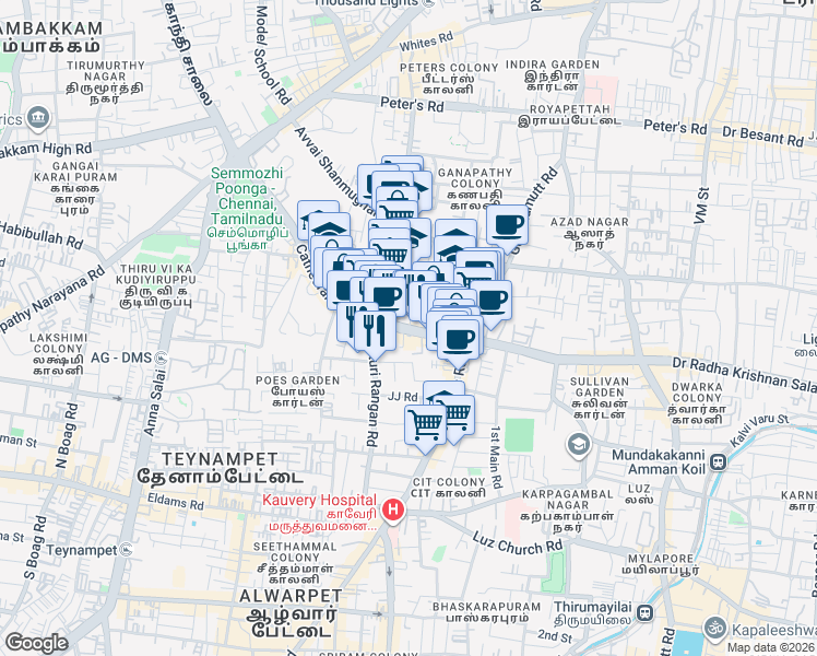 map of restaurants, bars, coffee shops, grocery stores, and more near Cathedral Road in Chennai