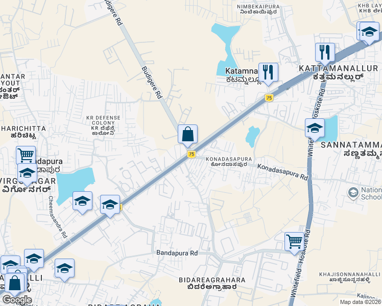 map of restaurants, bars, coffee shops, grocery stores, and more near Budigere Road in Bengaluru
