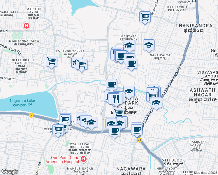 map of restaurants, bars, coffee shops, grocery stores, and more near Manyata Tech Park Road in Bengaluru
