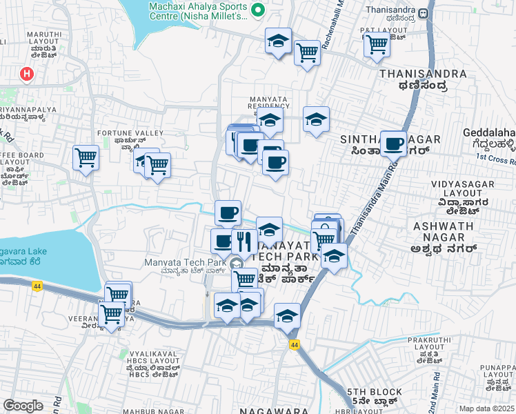 map of restaurants, bars, coffee shops, grocery stores, and more near Manyata Tech Park Road in Bengaluru