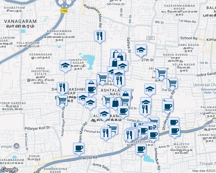 map of restaurants, bars, coffee shops, grocery stores, and more near 573 Alapakkam 18th Street in Chennai