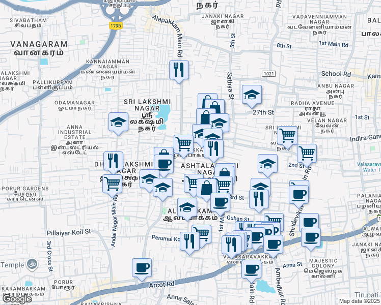 map of restaurants, bars, coffee shops, grocery stores, and more near 573 Alapakkam 18th Street in Chennai