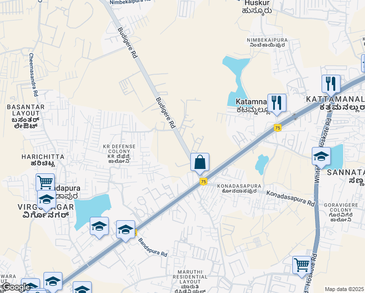 map of restaurants, bars, coffee shops, grocery stores, and more near Budigere Road in Bengaluru