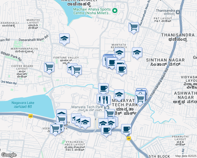 map of restaurants, bars, coffee shops, grocery stores, and more near Manyata Tech Park Road in Bengaluru