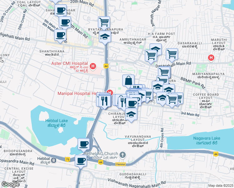 map of restaurants, bars, coffee shops, grocery stores, and more near Bellary Road in Bengaluru