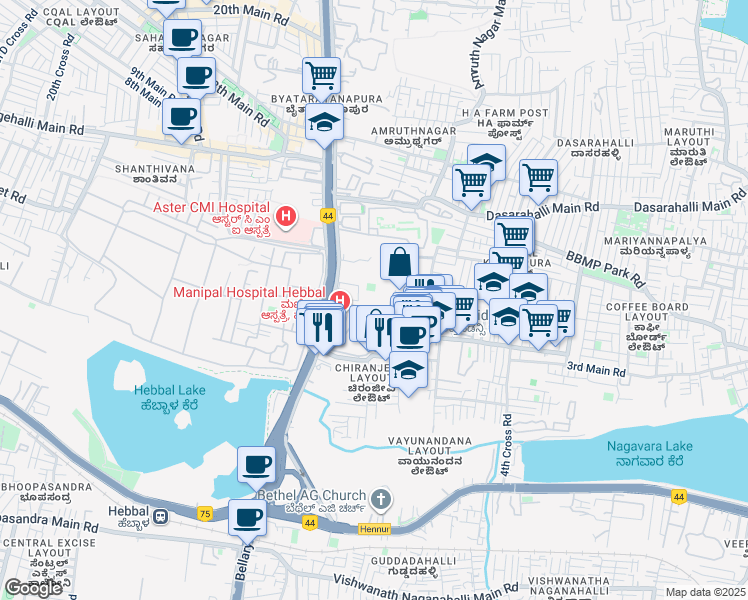 map of restaurants, bars, coffee shops, grocery stores, and more near Bellary Road in Bengaluru
