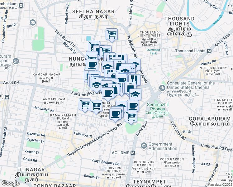 map of restaurants, bars, coffee shops, grocery stores, and more near in Chennai
