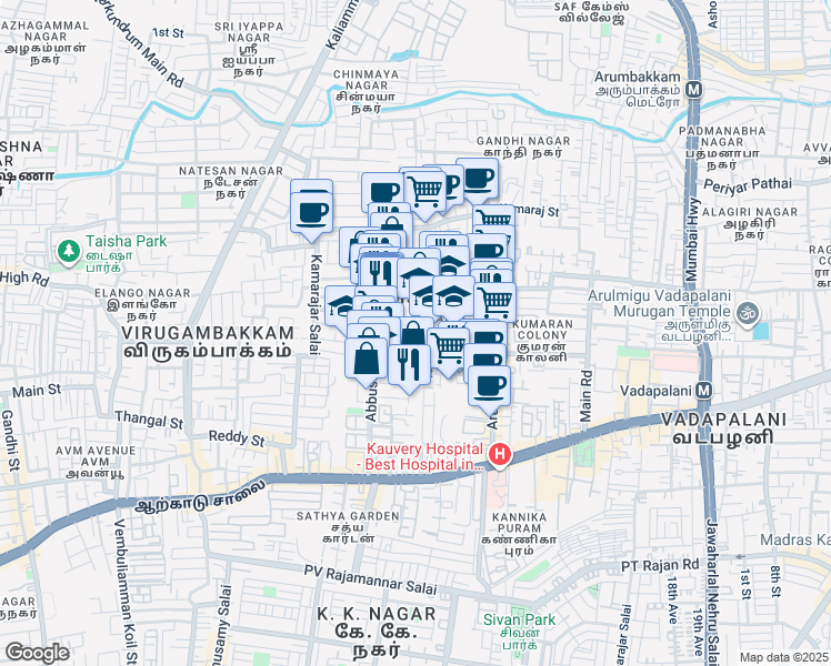 map of restaurants, bars, coffee shops, grocery stores, and more near 156-157 MGR Street in Chennai
