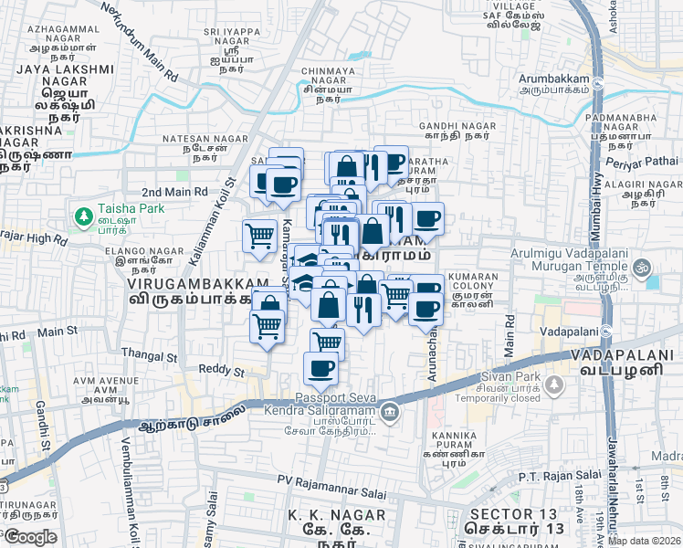 map of restaurants, bars, coffee shops, grocery stores, and more near in Chennai