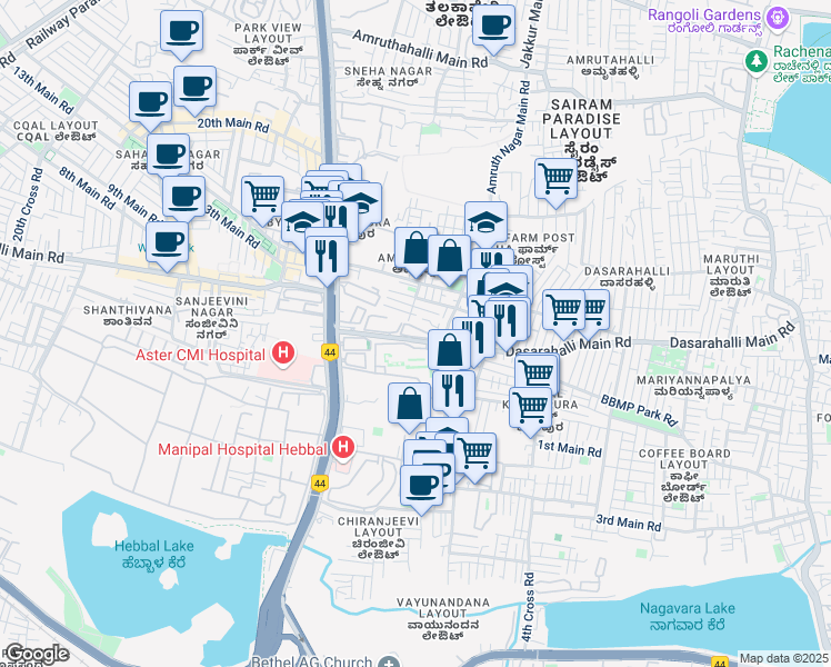 map of restaurants, bars, coffee shops, grocery stores, and more near North Outer Ring Road in Bengaluru