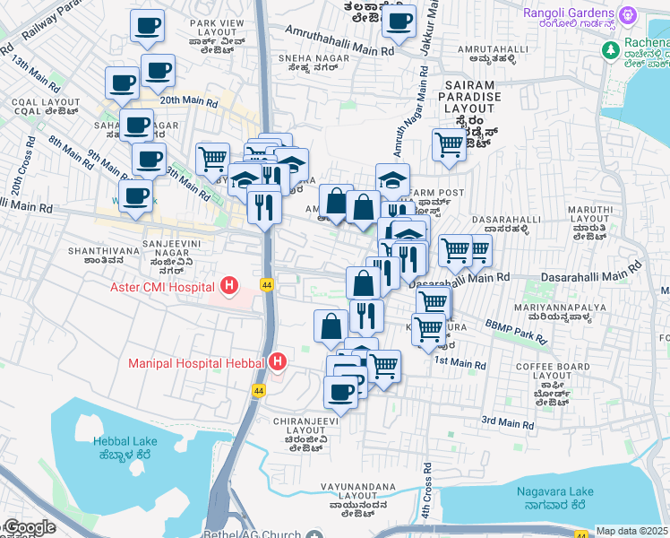 map of restaurants, bars, coffee shops, grocery stores, and more near North Outer Ring Road in Bengaluru