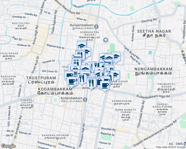 map of restaurants, bars, coffee shops, grocery stores, and more near Madhavan Nair Road in Chennai