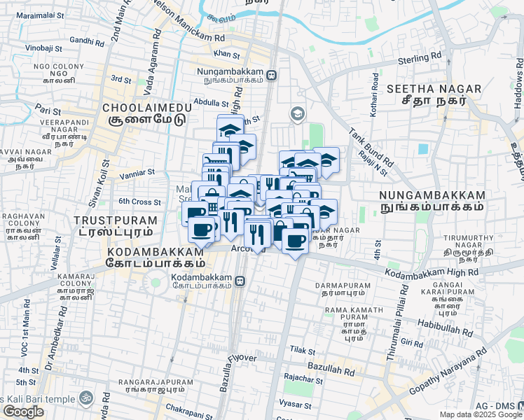 map of restaurants, bars, coffee shops, grocery stores, and more near Madhavan Nair Road in Chennai