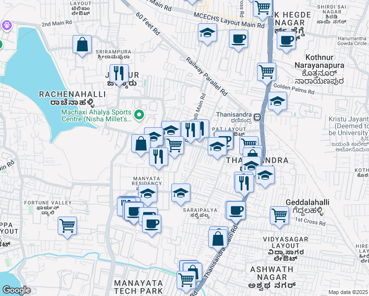 map of restaurants, bars, coffee shops, grocery stores, and more near Rachenahalli Main Road in Bengaluru