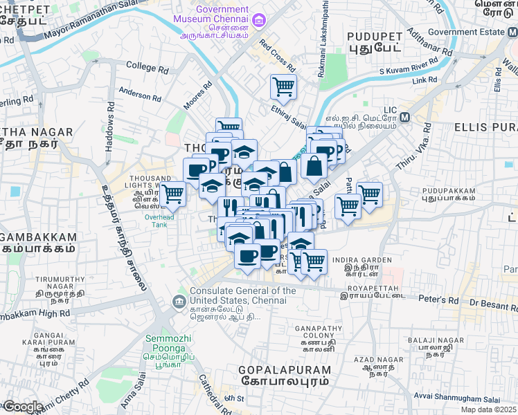 map of restaurants, bars, coffee shops, grocery stores, and more near Rangoon Street in Chennai