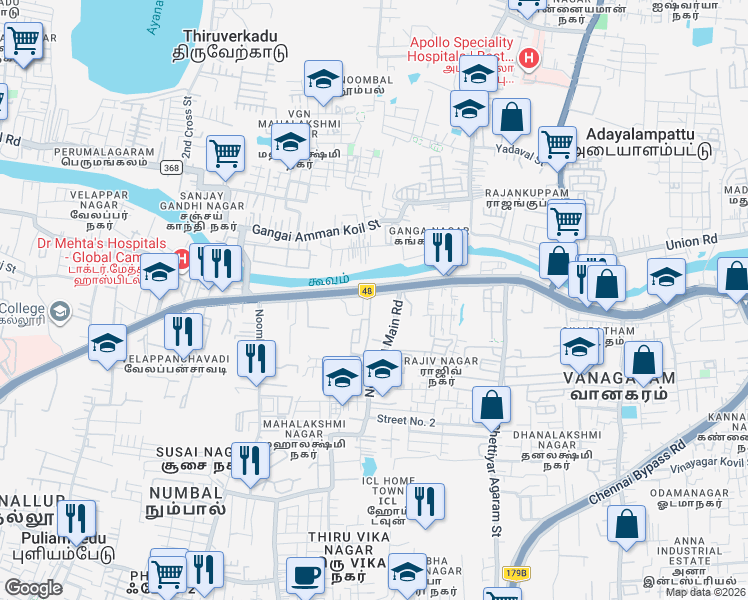 map of restaurants, bars, coffee shops, grocery stores, and more near Poonamallee High Road in Chennai