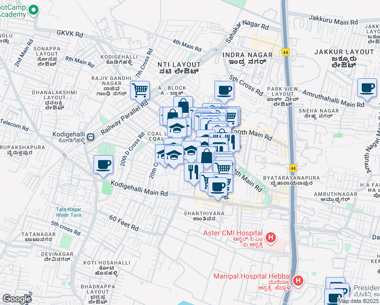 map of restaurants, bars, coffee shops, grocery stores, and more near Yelahanka Road in Bengaluru