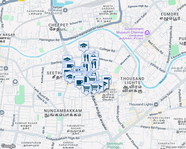 map of restaurants, bars, coffee shops, grocery stores, and more near 1 Haddows Road in Chennai