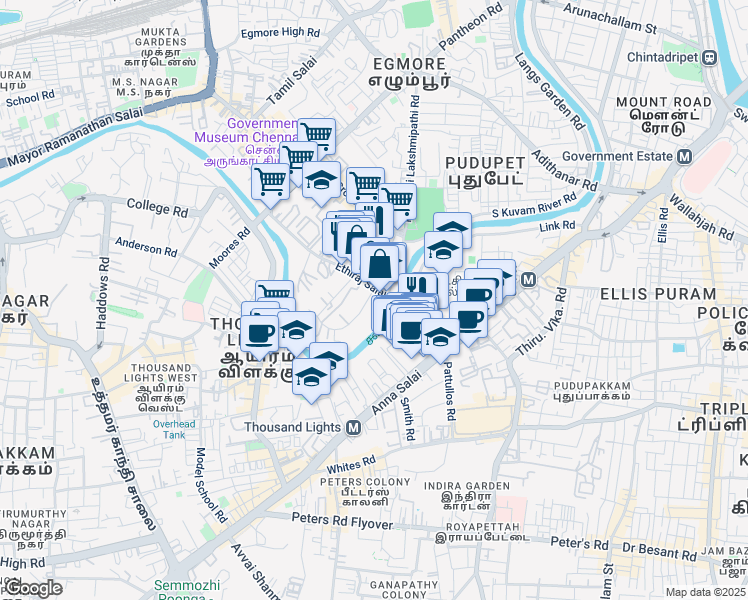 map of restaurants, bars, coffee shops, grocery stores, and more near 72/26/A Crescent Salai Road in Chennai