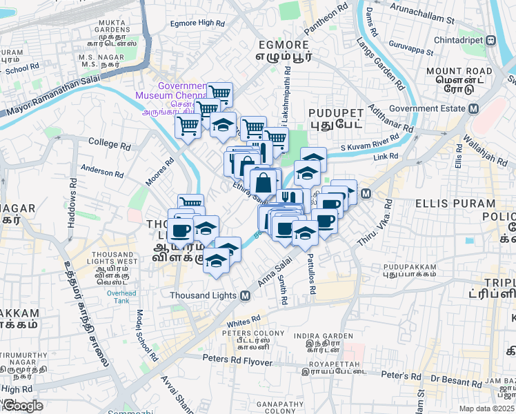 map of restaurants, bars, coffee shops, grocery stores, and more near 72/26/A Crescent Salai Road in Chennai
