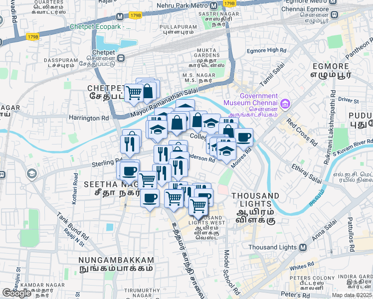 map of restaurants, bars, coffee shops, grocery stores, and more near 1 Haddows Road in Chennai
