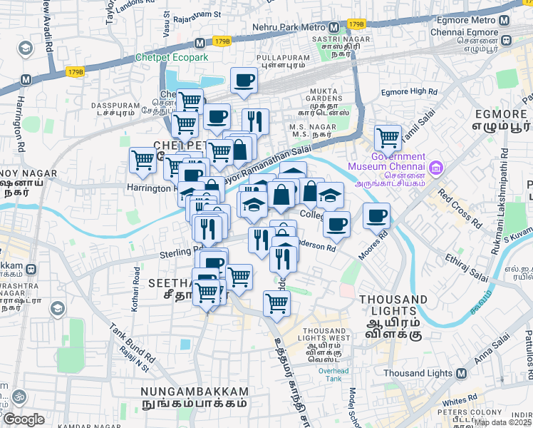 map of restaurants, bars, coffee shops, grocery stores, and more near 25/26 College Road in Chennai