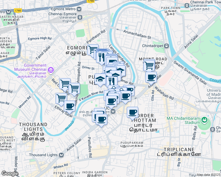 map of restaurants, bars, coffee shops, grocery stores, and more near Syful Mulk Nawab Street in Chennai