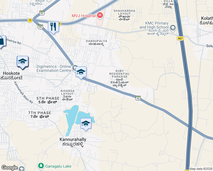 map of restaurants, bars, coffee shops, grocery stores, and more near 2 Hoskote Malur Road in Hoskote