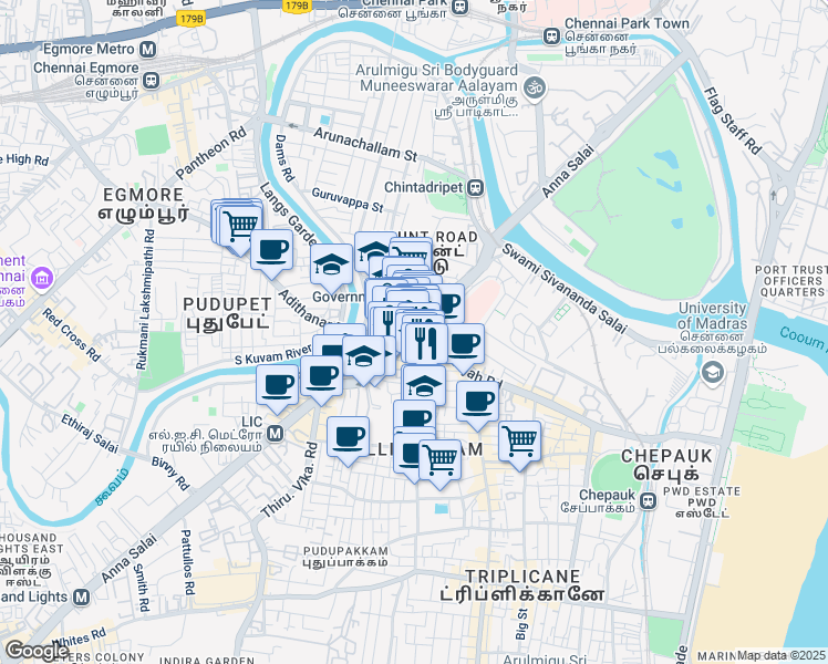 map of restaurants, bars, coffee shops, grocery stores, and more near 748 Anna Salai in Chennai