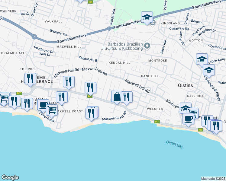 map of restaurants, bars, coffee shops, grocery stores, and more near Moravian Gardens in Oistins