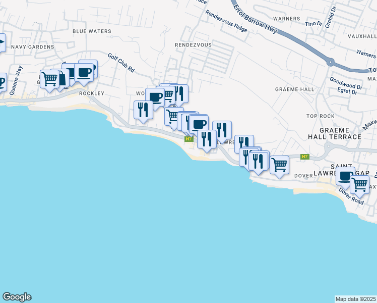 map of restaurants, bars, coffee shops, grocery stores, and more near in Bridgetown