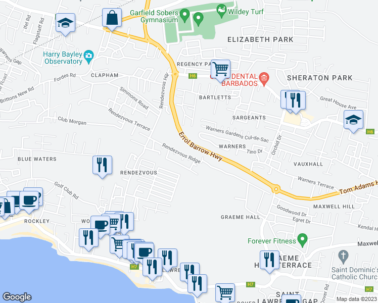 map of restaurants, bars, coffee shops, grocery stores, and more near in Bridgetown