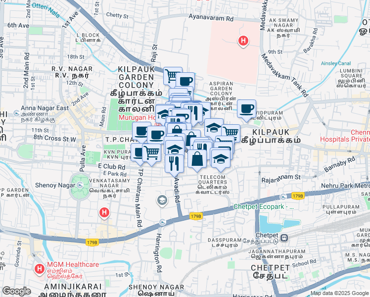 map of restaurants, bars, coffee shops, grocery stores, and more near Halls Road in Chennai