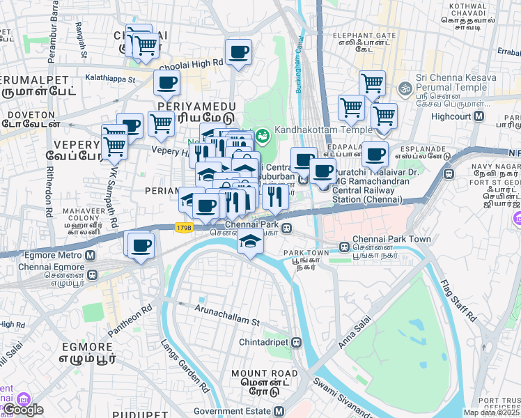 map of restaurants, bars, coffee shops, grocery stores, and more near 53 Raja Muthiah Road in Chennai