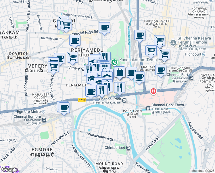 map of restaurants, bars, coffee shops, grocery stores, and more near in Chennai