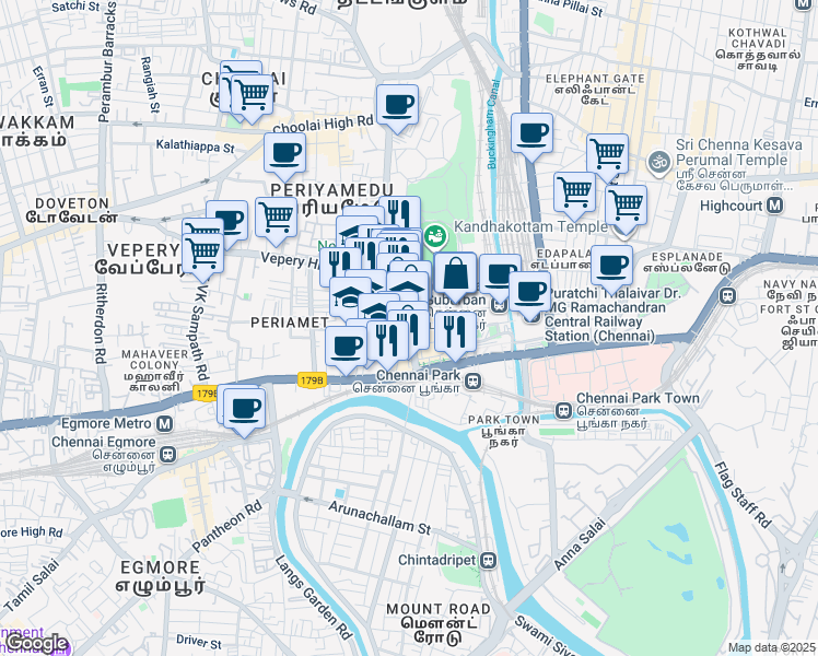 map of restaurants, bars, coffee shops, grocery stores, and more near in Chennai