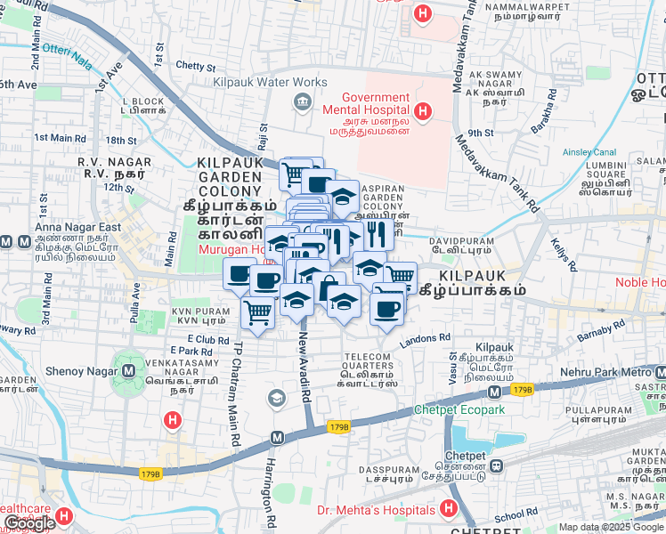 map of restaurants, bars, coffee shops, grocery stores, and more near 117 Kilpauk Garden Road in Chennai