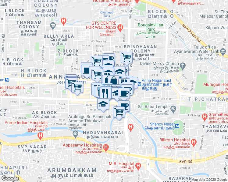 map of restaurants, bars, coffee shops, grocery stores, and more near in Chennai